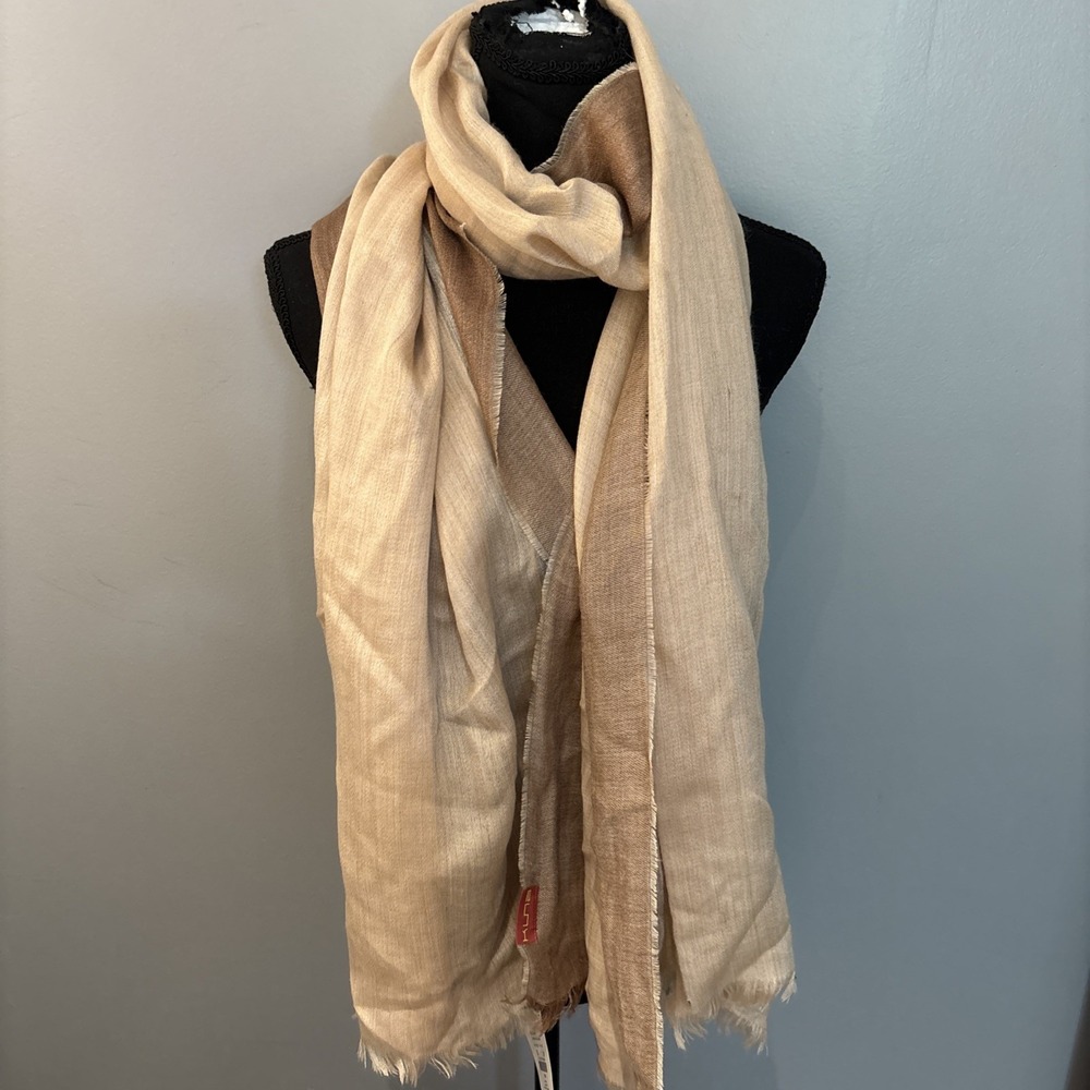 Kuna Zankov Baby Alpaca Silk Shawl Scarf Wrap Beige Brown Striped  78"X 27"